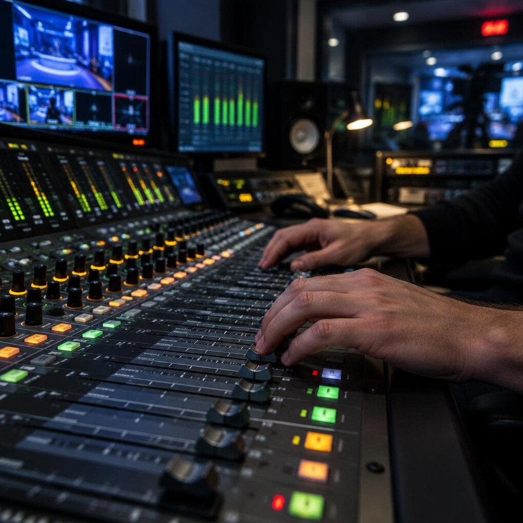 Sound engineer adjusting an audio mixing board for broadcast