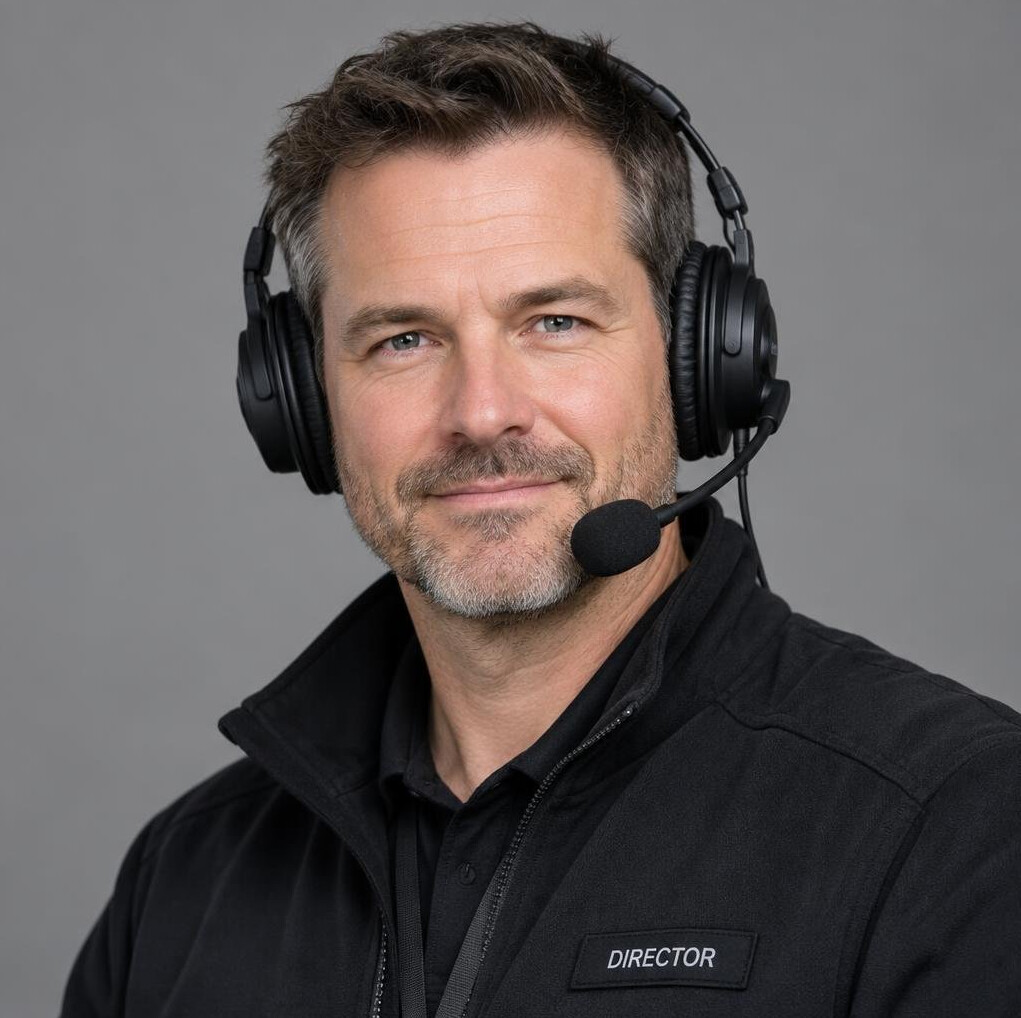 Portrait of a man in his 40s wearing a headset in a studio
