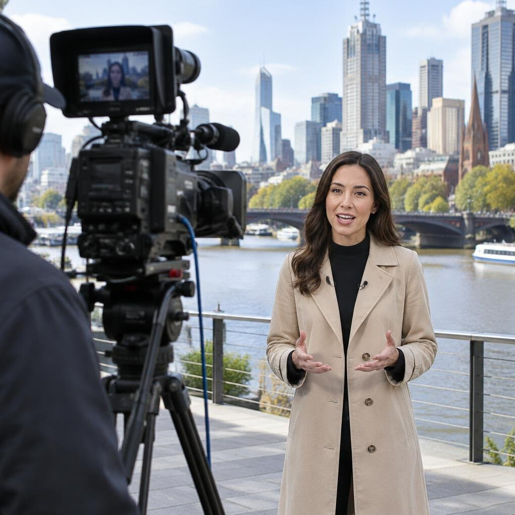 Outdoor live broadcast setup with tripod camera facing a presenter