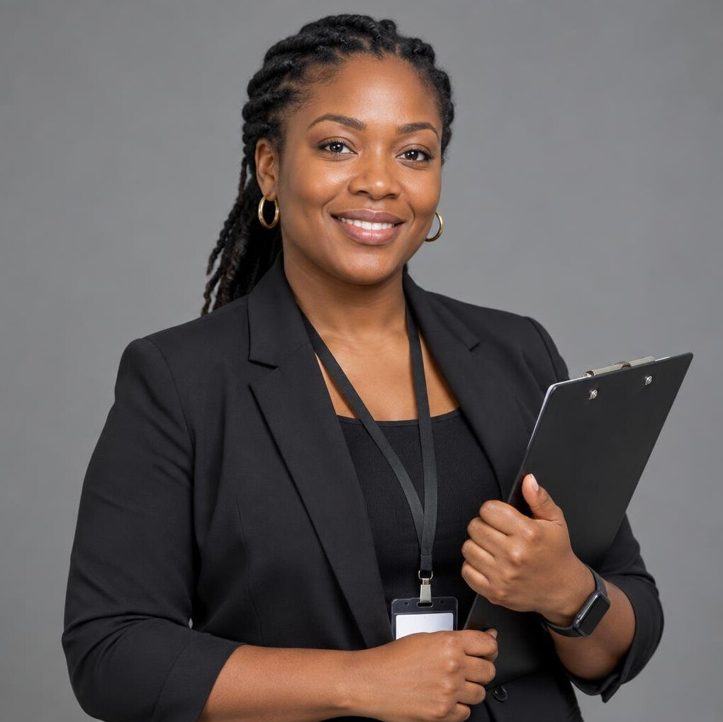 Portrait of a woman in her 30s holding a clipboard