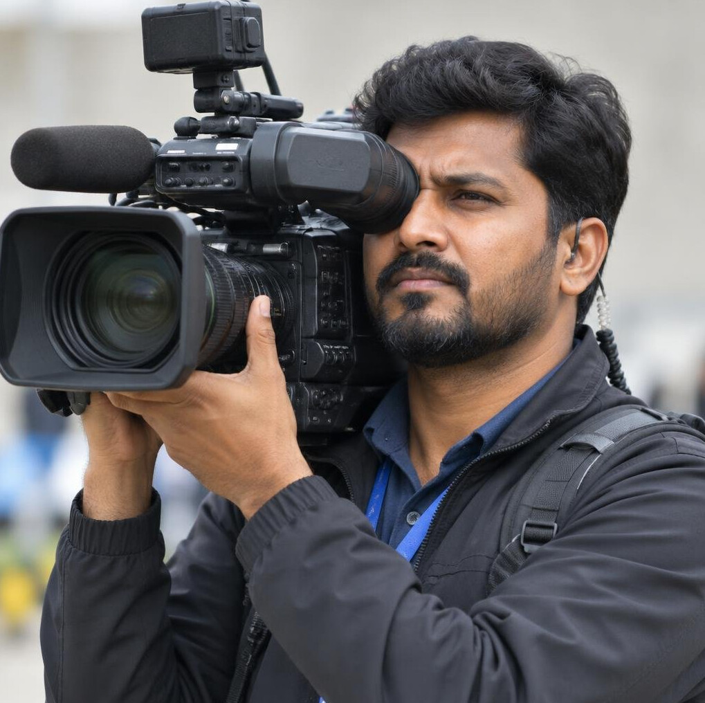 Camera operator holding a professional broadcast camera on shoulder