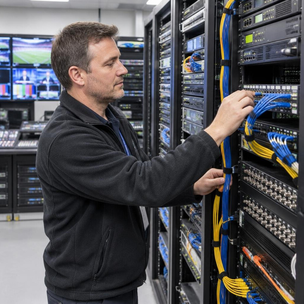 Technician working with server racks for content distribution
