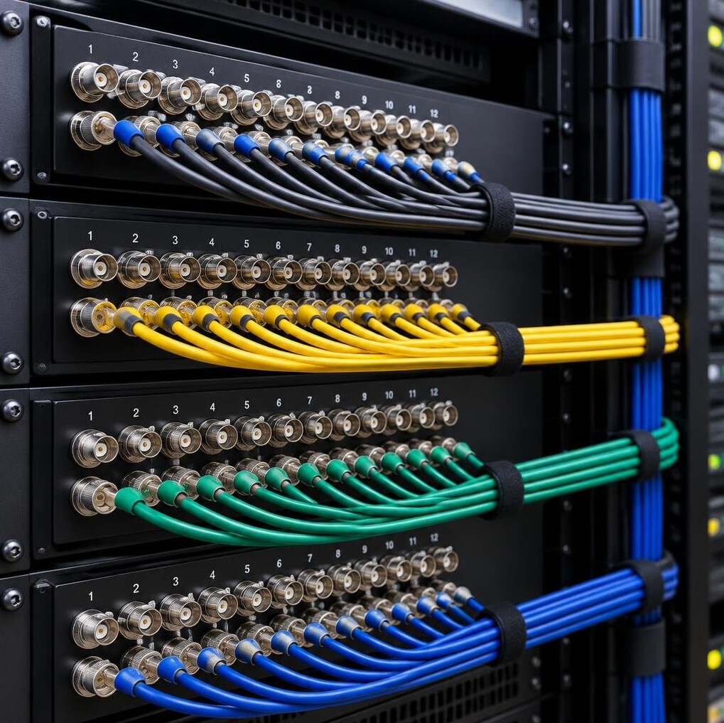 Rows of broadcast cable connectors and patch panels