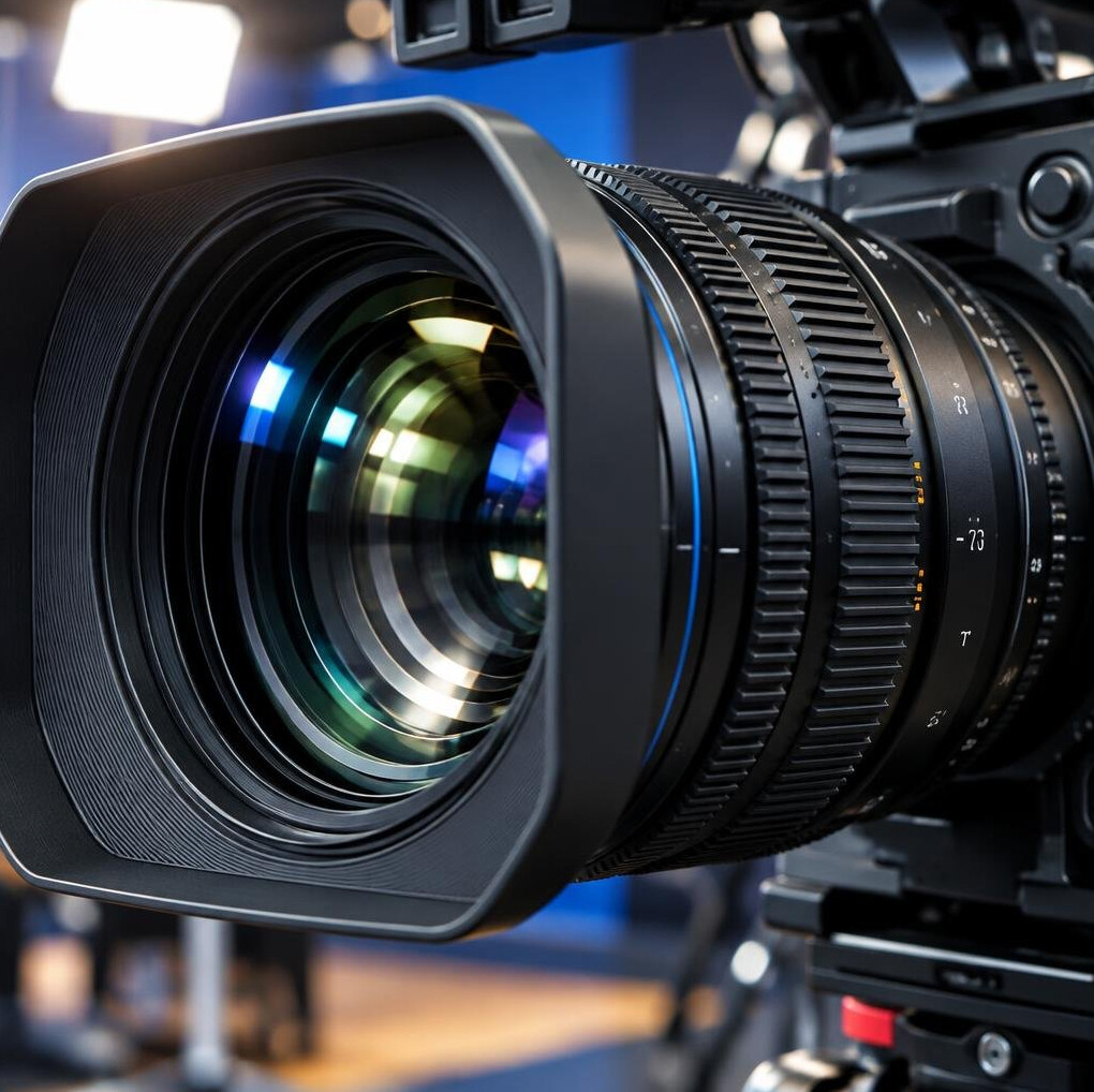 Close-up of a professional broadcast video camera lens