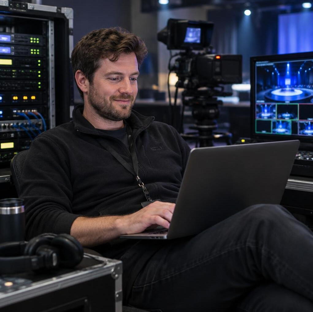 Broadcast engineer seated with a laptop near studio equipment